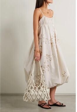 Agua by Agua Bendita Cream Midi Dress with Subtle Gold Floral Embroidery